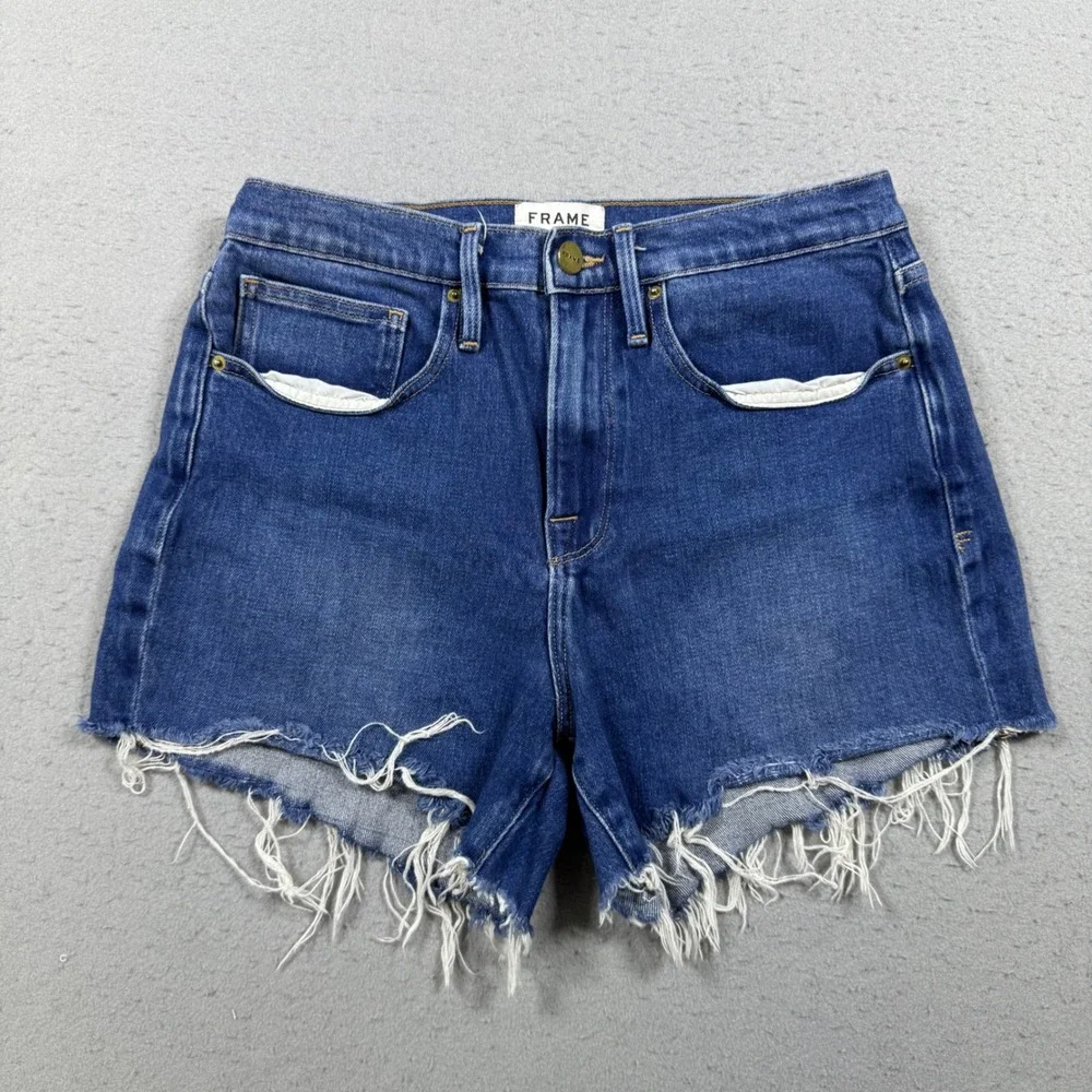 Frame Denim Le Brigette Raw Edge Shorts Long Water Blue Frayed Hem Womens 27